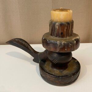Antique Primitive 1900s Wood Candle Holder with‎ Handle 6.5" Carved Prop